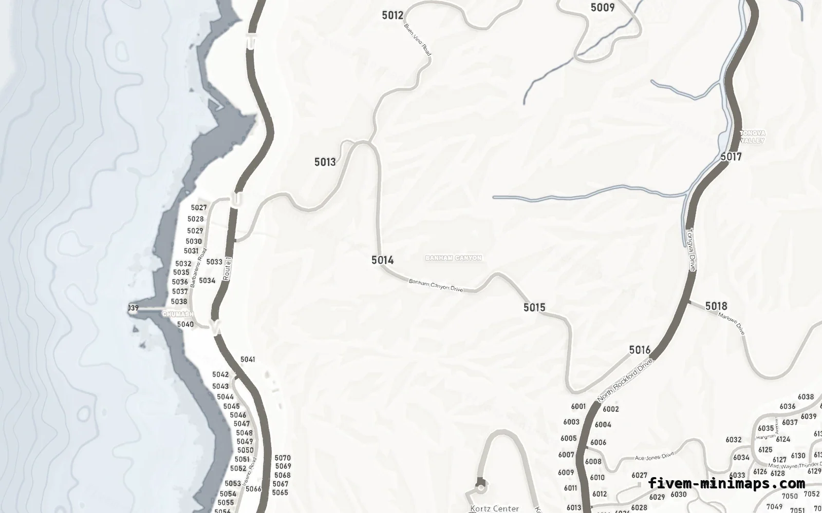 White minimap — West coast White ALABASTER FiveM minimap for GTA V — with postal codes — showing the west coast and depth contours
