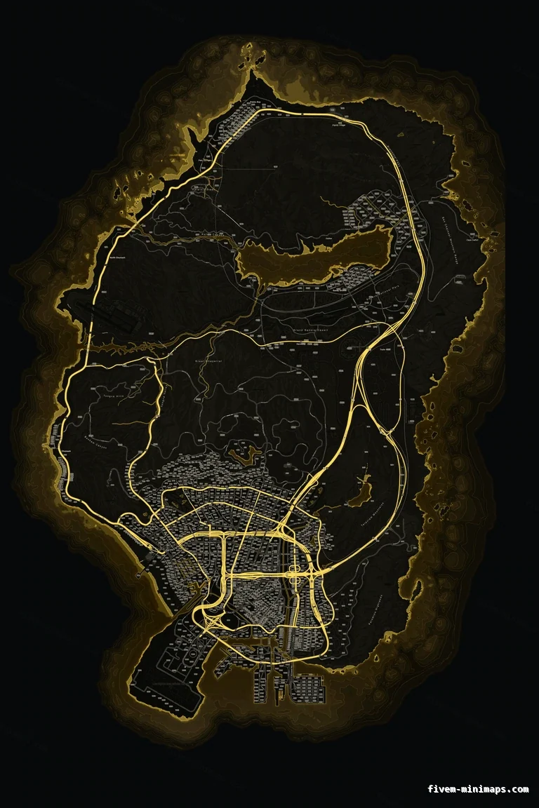 Yellow SOLAR FiveM minimap for GTA V — google style — showing the whole San Andreas map