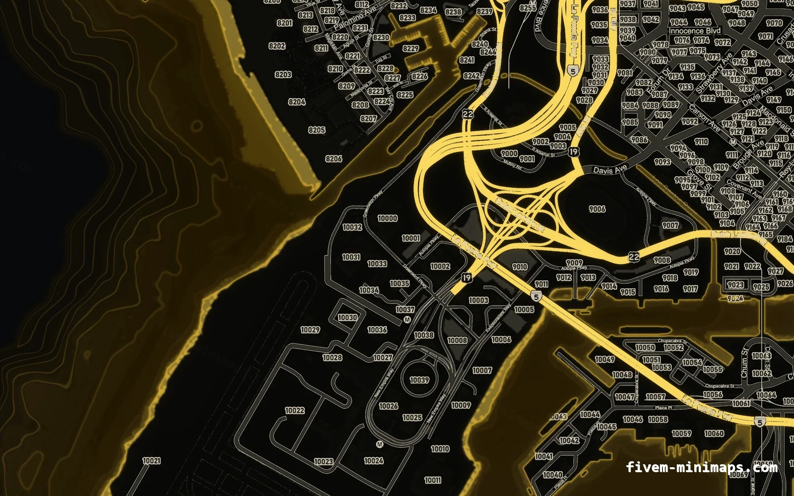 Yellow SOLAR FiveM minimap for GTA V — google style — showing the harbour and industrial docks