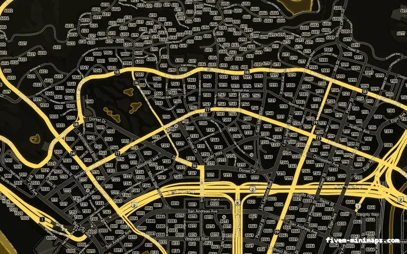Yellow SOLAR FiveM minimap for GTA V — google style — showing Los Santos street detail