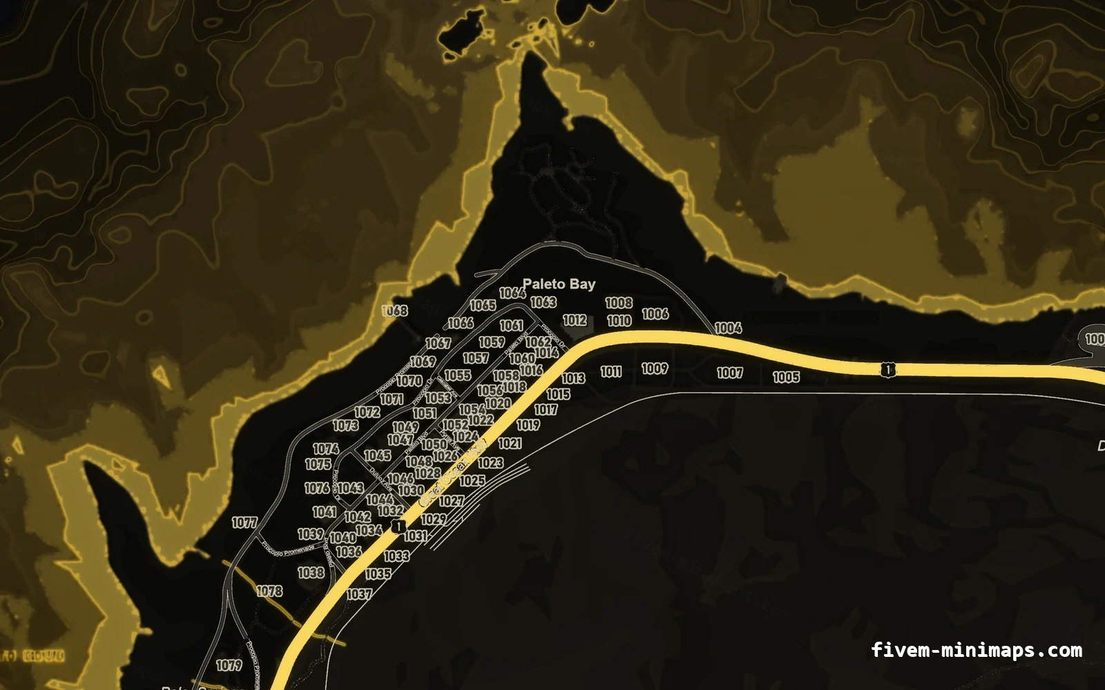 Yellow SOLAR FiveM minimap for GTA V — google style — showing Paleto Bay and Mount Chiliad