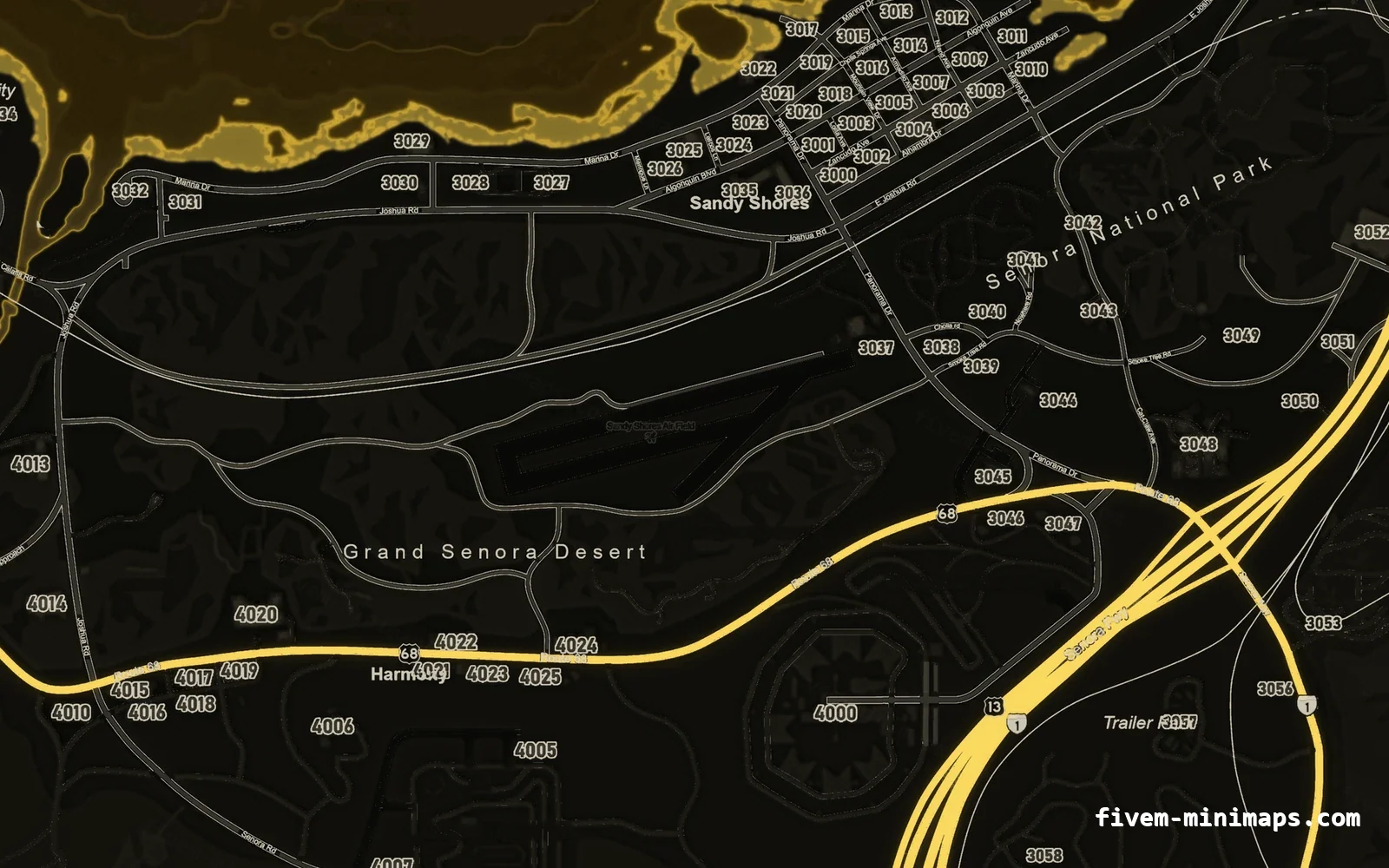 Yellow SOLAR FiveM minimap for GTA V — google style — showing Sandy Shores and the desert