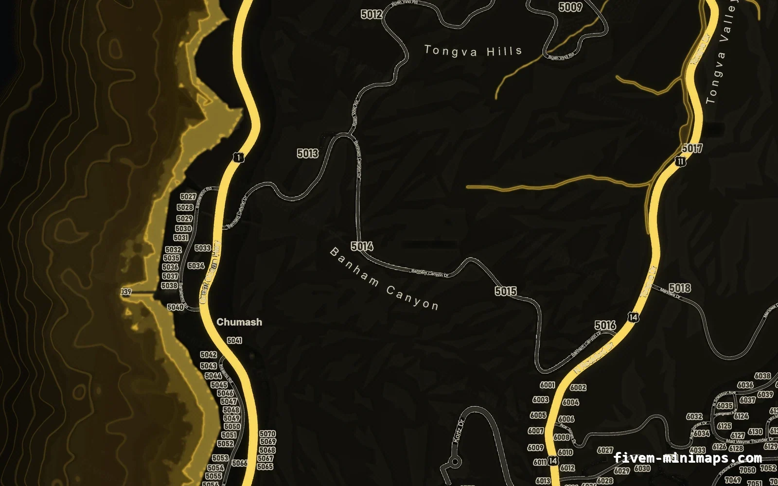 Yellow SOLAR FiveM minimap for GTA V — google style — showing the west coast and depth contours