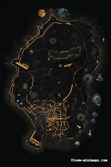 Halloween Yellow HAUNTED SOLAR FiveM-compatible minimap for GTA 5 — without postal codes — showing the whole Los Santos and Blaine County map