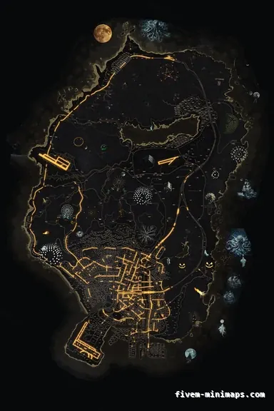 Halloween Yellow HAUNTED SOLAR FiveM-compatible minimap for GTA 5 — with postal codes — showing the whole Los Santos and Blaine County map