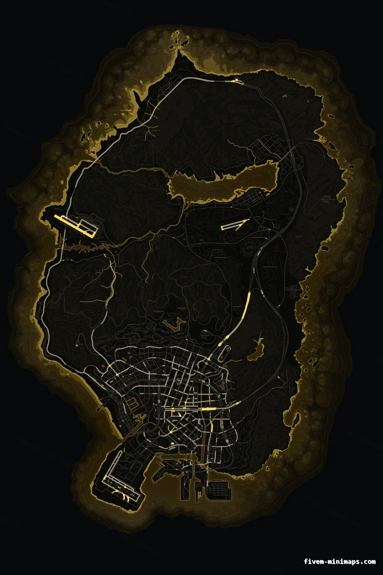 Yellow SOLAR FiveM minimap for GTA V — without postal codes — showing the whole San Andreas map