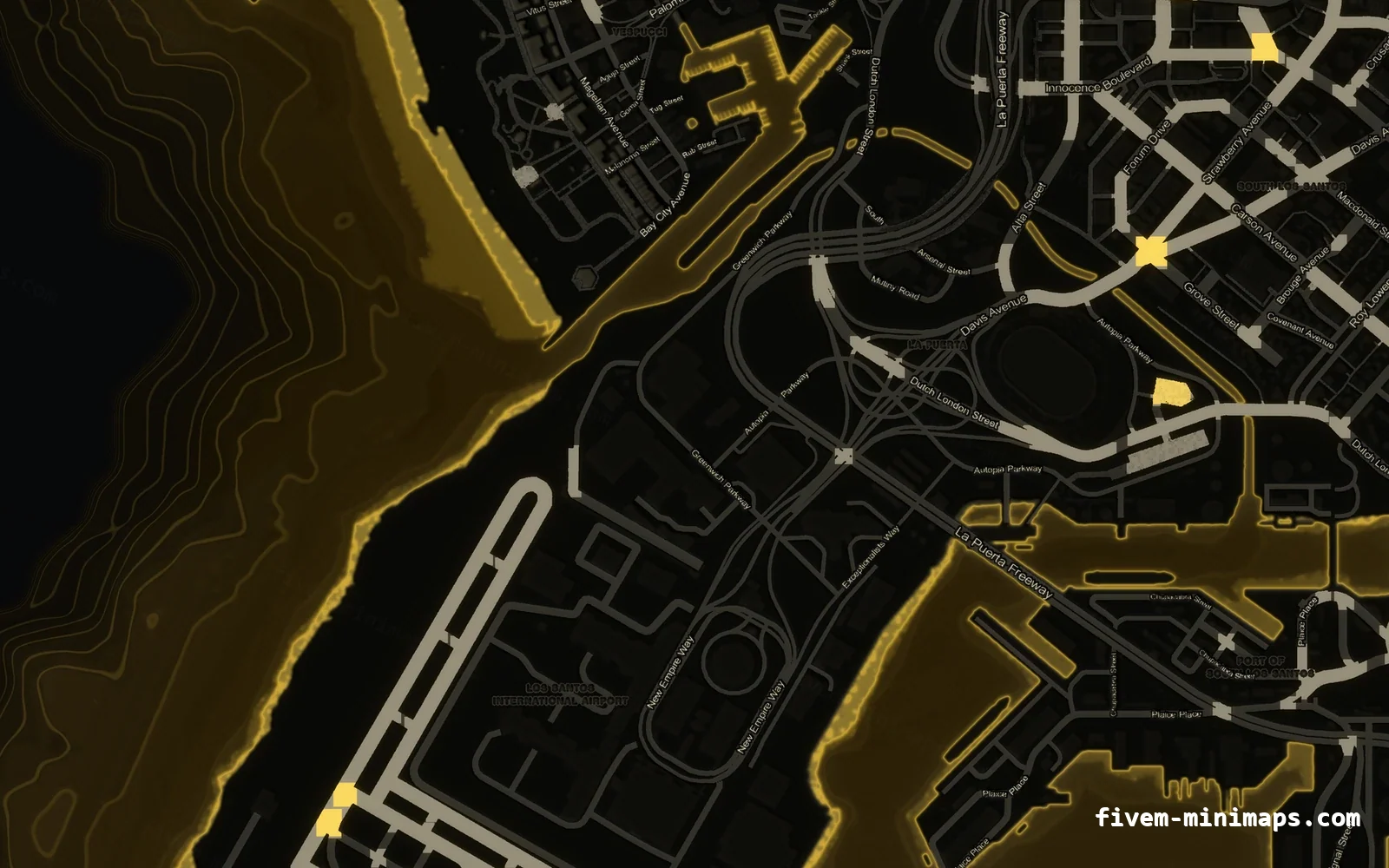 Yellow SOLAR FiveM minimap for GTA V — without postal codes — showing the harbour and industrial docks