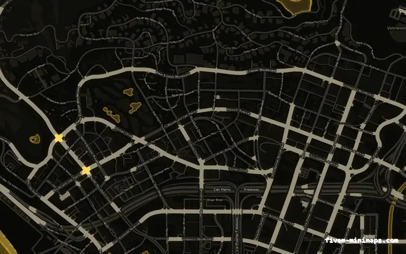 Yellow SOLAR FiveM minimap for GTA V — without postal codes — showing Los Santos street detail