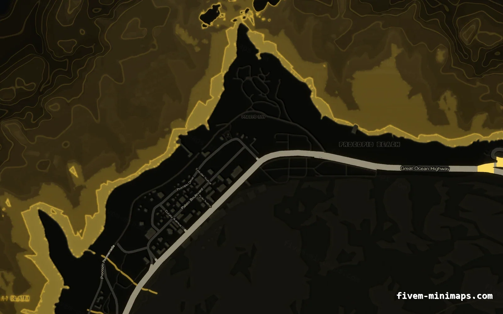 Yellow SOLAR FiveM minimap for GTA V — without postal codes — showing Paleto Bay and Mount Chiliad