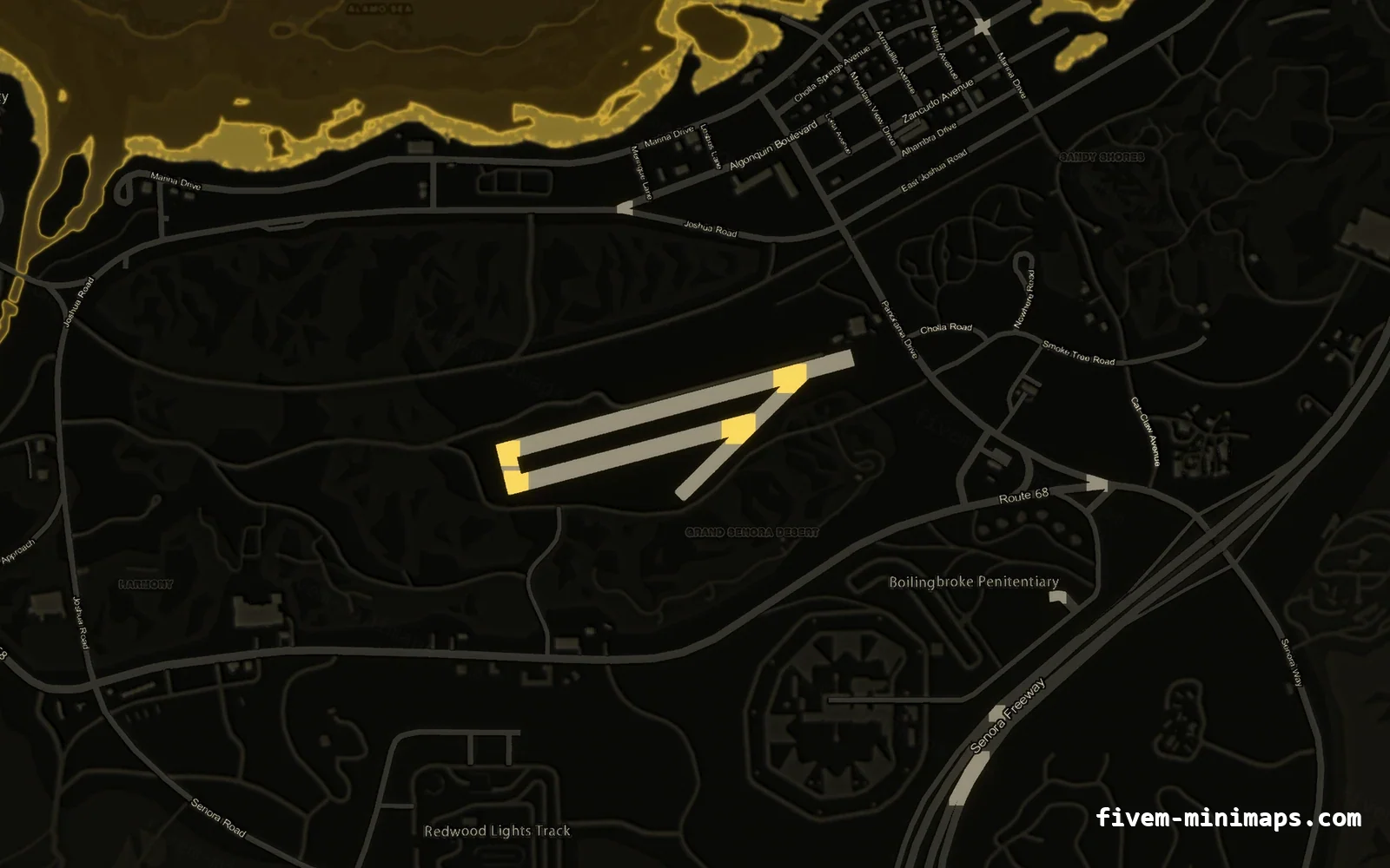 Yellow SOLAR FiveM minimap for GTA V — without postal codes — showing Sandy Shores and the desert