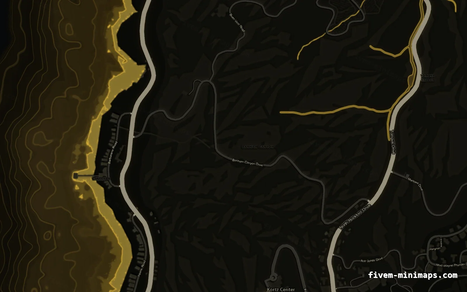 Yellow SOLAR FiveM minimap for GTA V — without postal codes — showing the west coast and depth contours