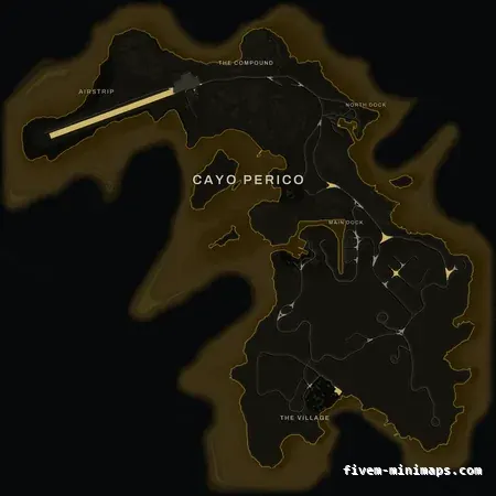 Yellow SOLAR Cayo Perico FiveM-compatible minimap for GTA 5 — optional island add-on in the same palette, with postal codes