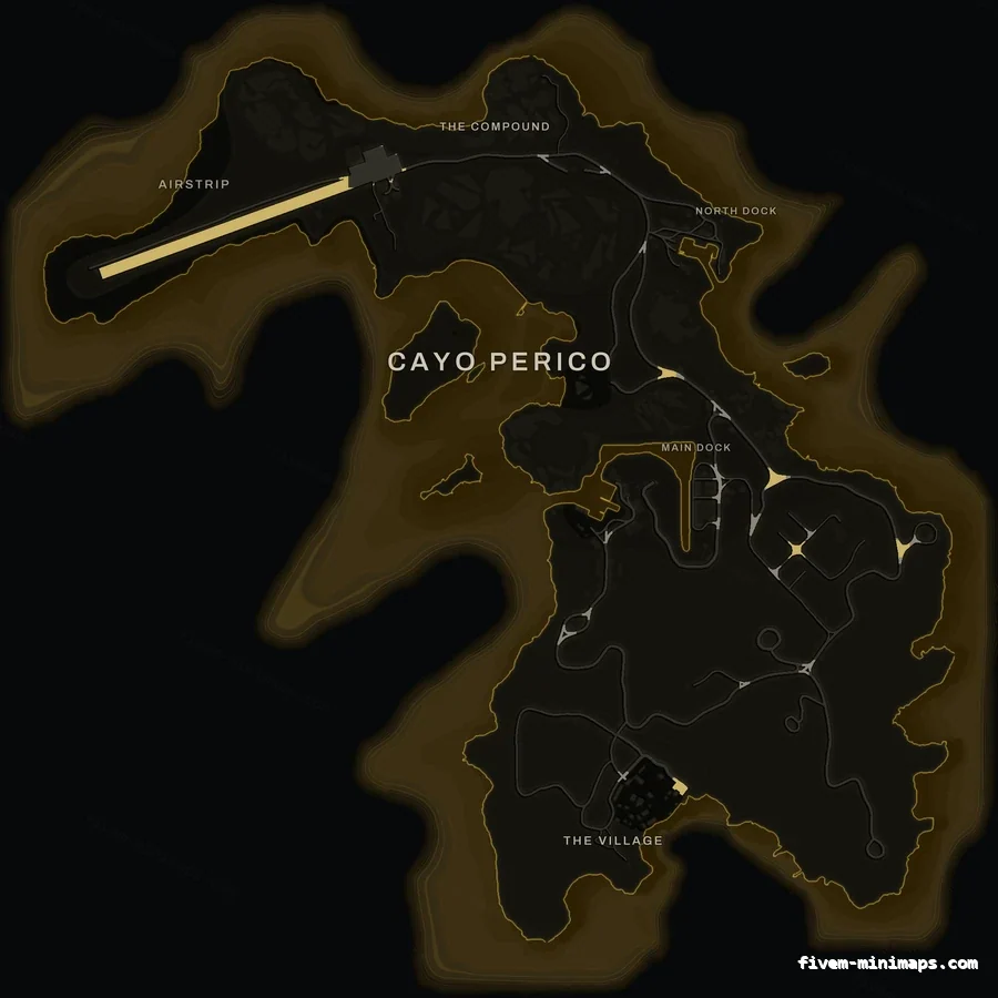 Yellow SOLAR Cayo Perico FiveM-compatible minimap for GTA 5 — optional island add-on in the same palette, with postal codes