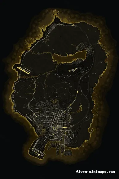 Yellow SOLAR FiveM minimap for GTA V — with postal codes — showing the whole San Andreas map