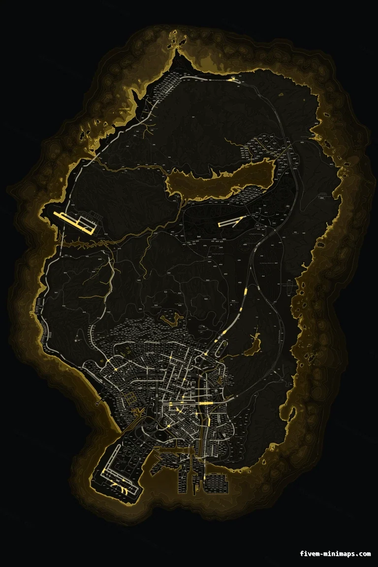 Yellow SOLAR FiveM minimap for GTA V — with postal codes — showing the whole San Andreas map