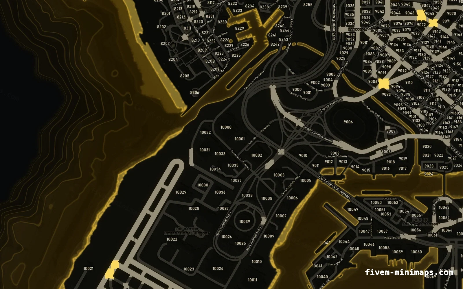 Yellow minimap — Harbour Yellow SOLAR FiveM minimap for GTA V — with postal codes — showing the harbour and industrial docks