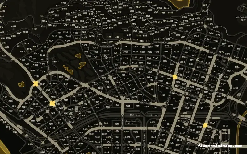 Yellow SOLAR FiveM minimap for GTA V — with postal codes — showing Los Santos street detail
