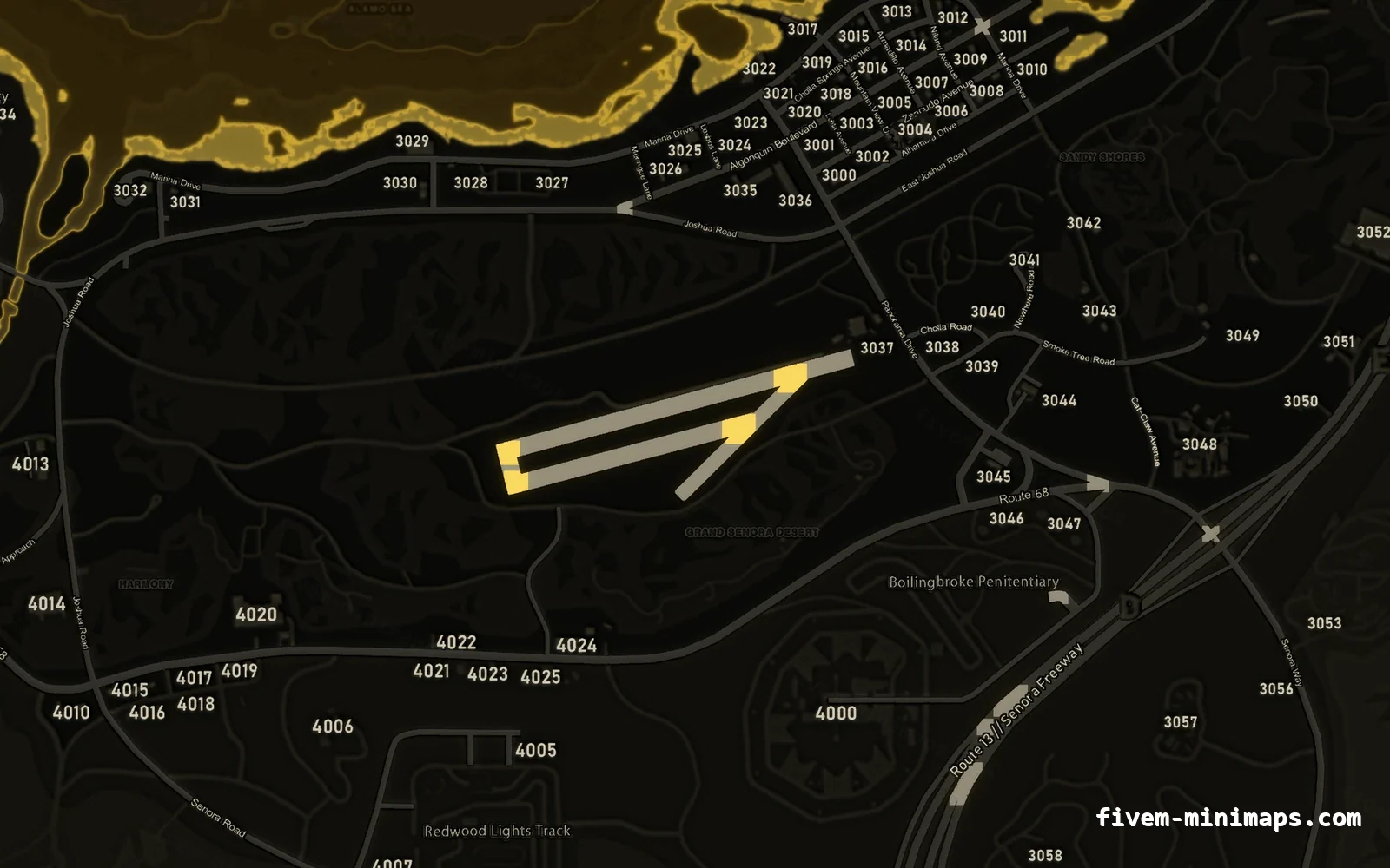 Yellow minimap — Sandy Shores Yellow SOLAR FiveM minimap for GTA V — with postal codes — showing Sandy Shores and the desert