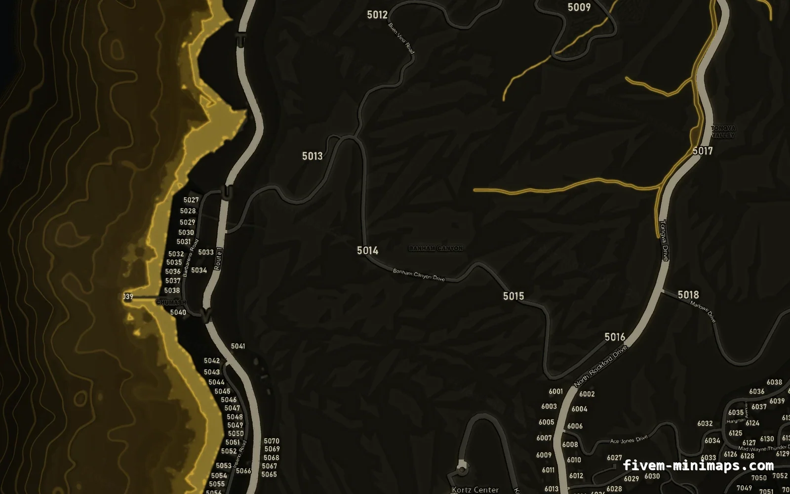 Yellow minimap — West coast Yellow SOLAR FiveM minimap for GTA V — with postal codes — showing the west coast and depth contours
