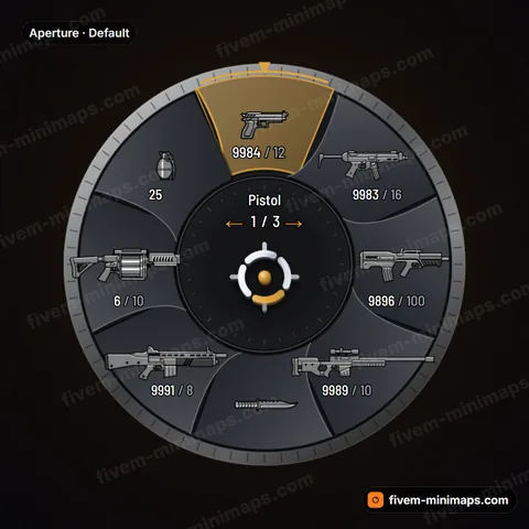 Aperture FiveM weapon wheel, overlapping iris blades with a machined lens barrel