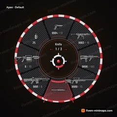 Apex FiveM-compatible weapon wheel, race-spec carbon wings, kerb stripes and a timing-board selection