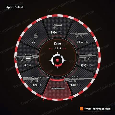 Apex FiveM weapon wheel, race-spec carbon wings, kerb stripes and a timing-board selection