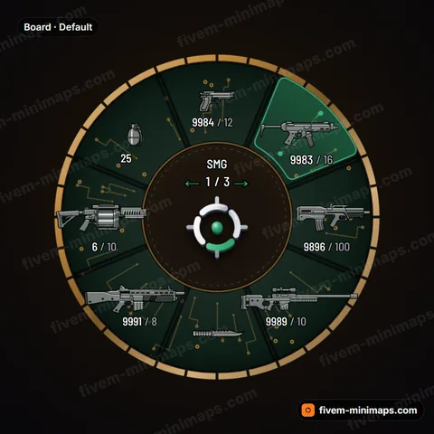 Board FiveM weapon wheel, printed circuit board with copper traces, gold pads and solder mask