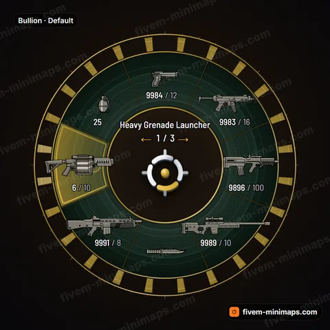 Bullion FiveM weapon wheel, stacked gold bars on green baize with banknote guilloché