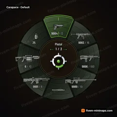 Carapace FiveM-compatible weapon wheel, layered chitin plates, hex micro-weave and lit bio seams