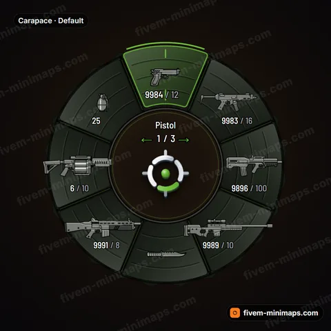 Carapace FiveM weapon wheel, layered chitin plates, hex micro-weave and lit bio seams