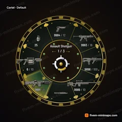 Cartel FiveM-compatible weapon wheel, ornate gold scrollwork, bullion rim and jade cabochons