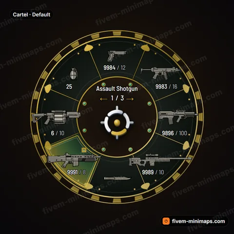 Cartel FiveM weapon wheel, ornate gold scrollwork, bullion rim and jade cabochons
