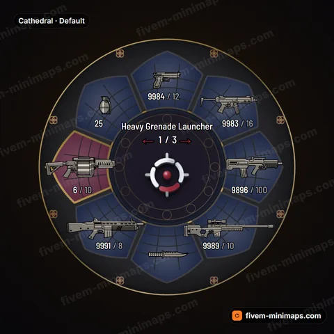 Cathedral FiveM weapon wheel, gothic arch panels, leaded glass and a stone rose-window core