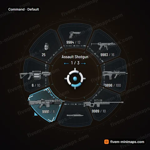 Command FiveM weapon wheel, layered command panels, data strips and target-bracket selection