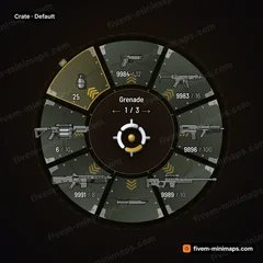Crate FiveM-compatible weapon wheel, riveted ammo-crate panels with latches, corner caps and stencil chevrons