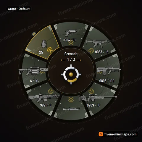Crate FiveM weapon wheel, riveted ammo-crate panels with latches, corner caps and stencil chevrons