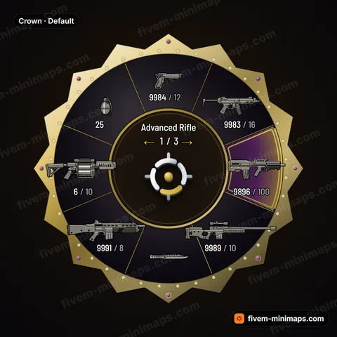 Crown FiveM weapon wheel, gold crown points, bead band and deep velvet field
