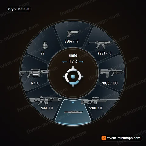 Cryo FiveM weapon wheel, frosted glass panels with etched crystal edges and cold rim light