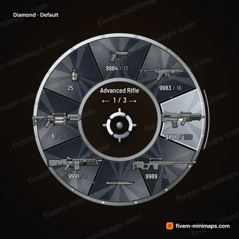 Diamond FiveM weapon wheel, brilliant-cut gem wedges in a prong-set platinum bezel