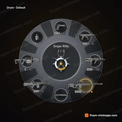 Drum FiveM weapon wheel, revolver cylinder with fluted chambers, brass rims and an ejector star