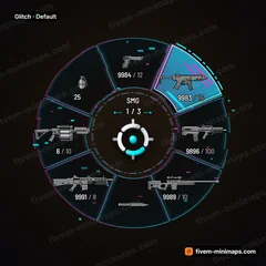 Glitch FiveM-compatible weapon wheel, corrupted signal ring, rgb split, pixel noise and scanline selection