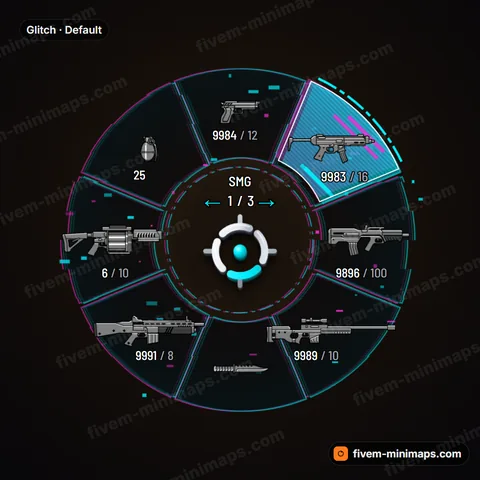 Glitch FiveM weapon wheel, corrupted signal ring, rgb split, pixel noise and scanline selection