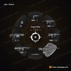 Halo FiveM-compatible weapon wheel, floating pill slots on a hairline ring, minimal premium light