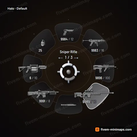 Halo FiveM weapon wheel, floating pill slots on a hairline ring, minimal premium light