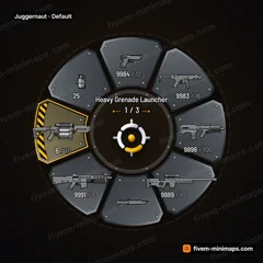 Juggernaut FiveM-compatible weapon wheel, heavy riveted armor plates, battle wear and hazard-striped selection