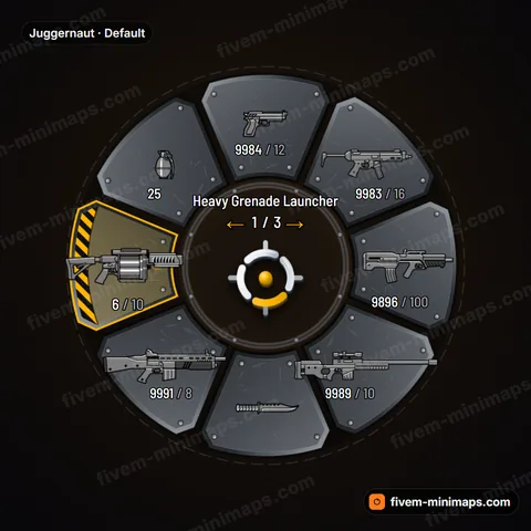 Juggernaut FiveM weapon wheel, heavy riveted armor plates, battle wear and hazard-striped selection