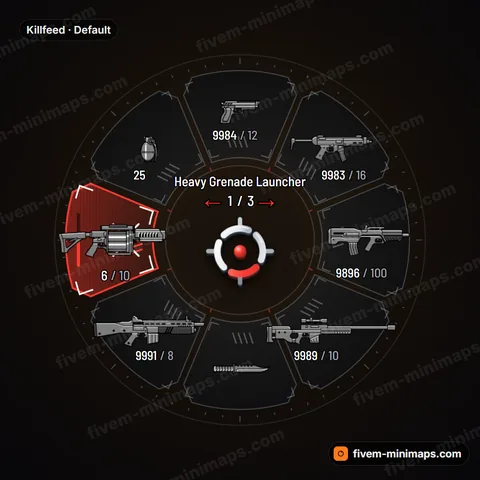 Killfeed FiveM weapon wheel, deathmatch hud: bracket frames, tally marks and hit-marker selection