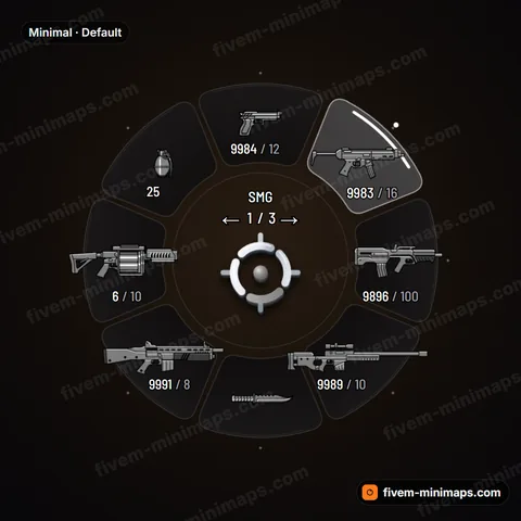 Minimal FiveM weapon wheel, soft rounded glass, one clean accent line