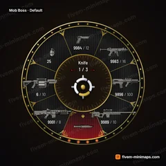 Mob Boss FiveM-compatible weapon wheel, pinstripe suit, art-deco gold, drum-mag rounds and velvet selection