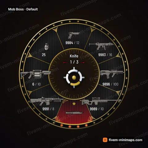 Mob Boss FiveM weapon wheel, pinstripe suit, art-deco gold, drum-mag rounds and velvet selection